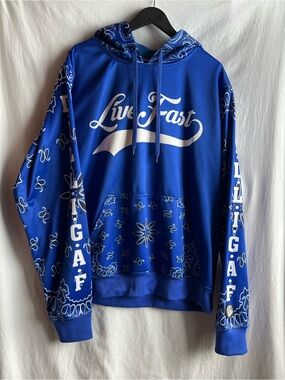 Live Fast Blue Bandana Print Hoodie Mens XL Streetwear Graphic Pullover